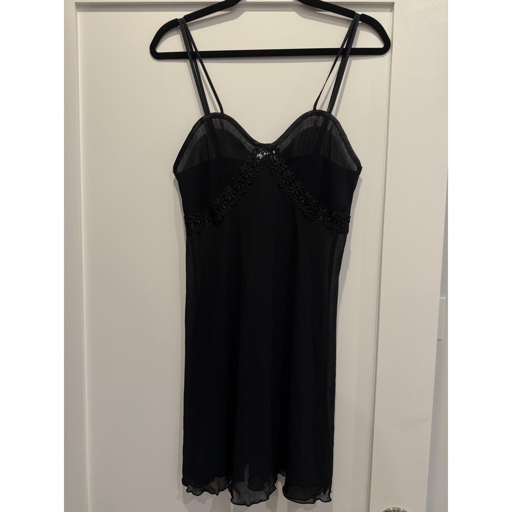 Black Pleated Lace Trim Chemise Nightgown Double Spaghetti Strap Slip Dress